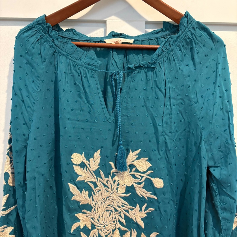 Solitaire Teal Swiss Dot Embroidered Peasant Blouse Boho Tassel Tunic Top Small - Picture 5 of 13